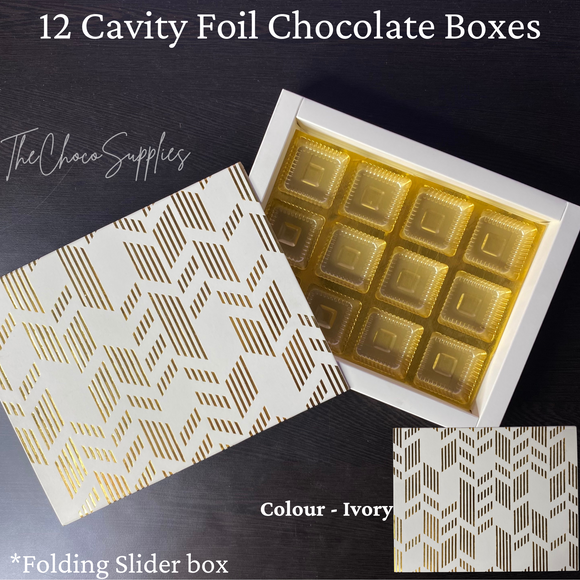 Ivory Coloured Golden Foiled Pattern 12 cavity Chocolate Box | Pack Of 10pcs