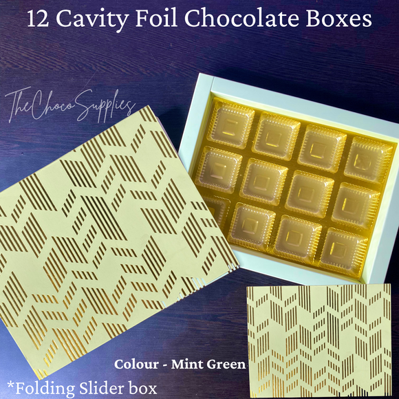Mint Green Coloured Golden Foiled Pattern 12 cavity Chocolate Box | Pack Of 10pcs