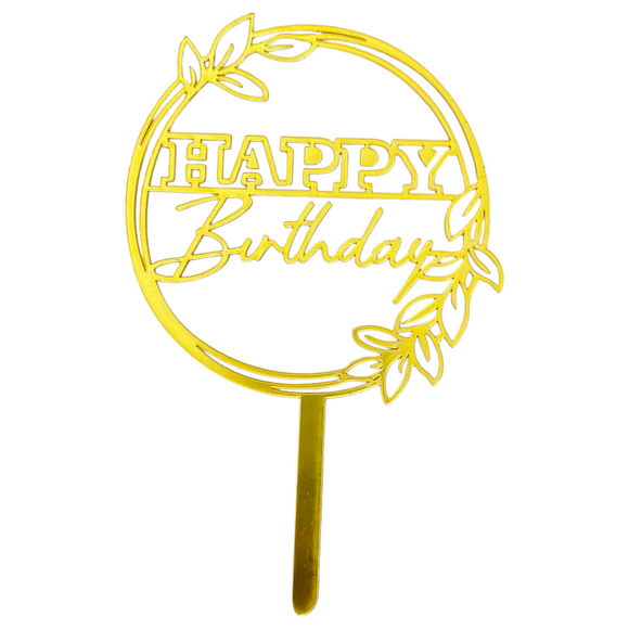 Happy Birthday Cake Topper | Flower Design | Gold