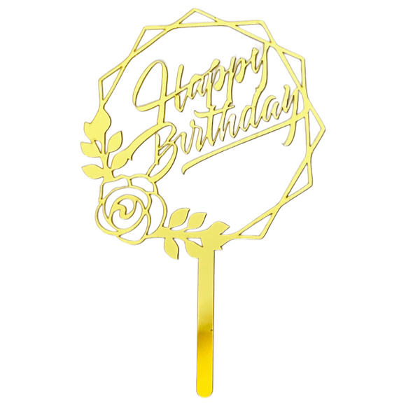 Happy Birthday Cake topper | Flower cut | Gold | HBD 009