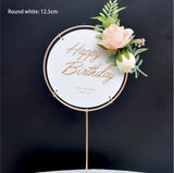 Premium Round White , Metal Rim Happy Birthday Cake Topper