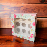 floral printed cupcake box of 9 with window