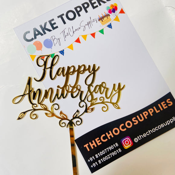 Happy Anniversary Cake Topper | Leafy Design | Gold