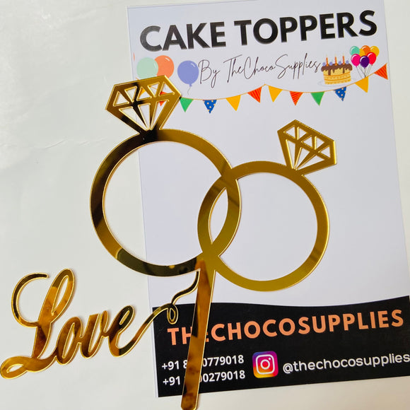 Trending Love with Double Diamond Rings | Cake Topper | Gold