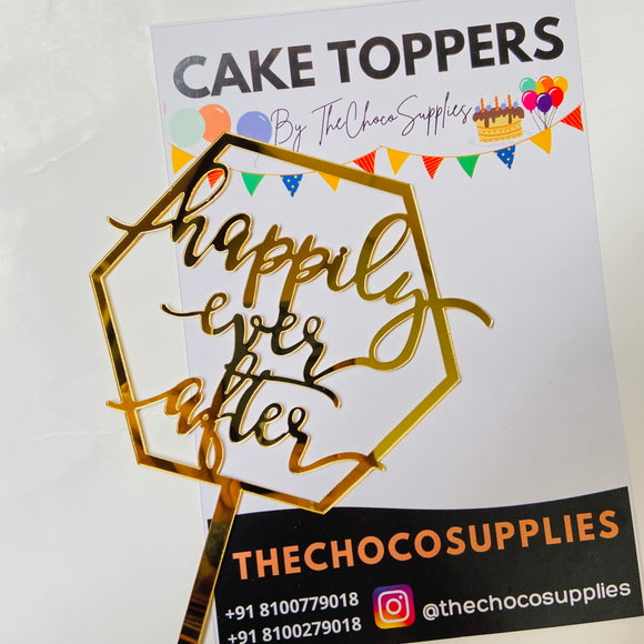 Happily ever after in gold colour of hexagon shape cake topper