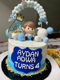 A cake with blue and white faux balls for a 4 year old boy